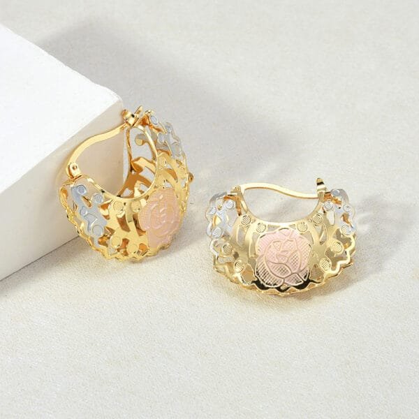 Hollow Rosette Earrings with Gold Hoops | Stylish Contrast Jewelry for Women - Image 2