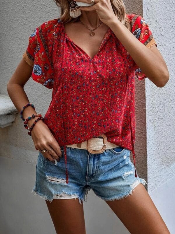 V-Neck Short Sleeve Loose Shirt | Summer National Style Print - Image 5