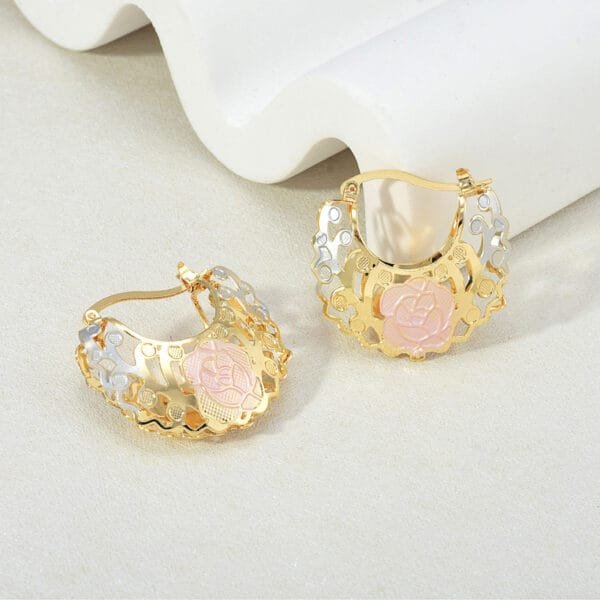 Hollow Rosette Earrings with Gold Hoops | Stylish Contrast Jewelry for Women - Image 9