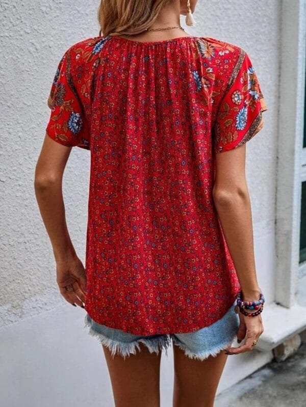 V-Neck Short Sleeve Loose Shirt | Summer National Style Print - Image 2