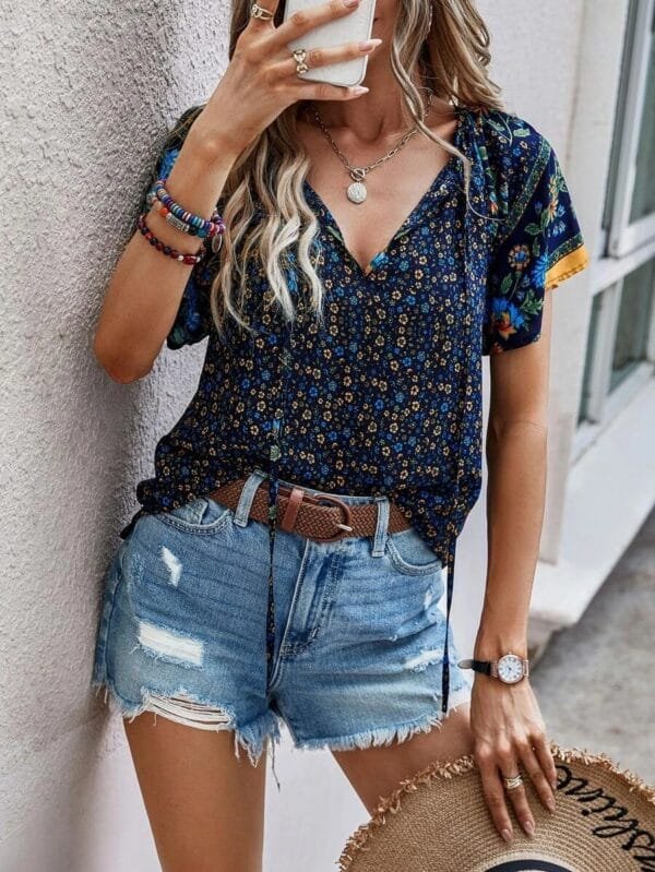 V-Neck Short Sleeve Loose Shirt | Summer National Style Print - Image 6
