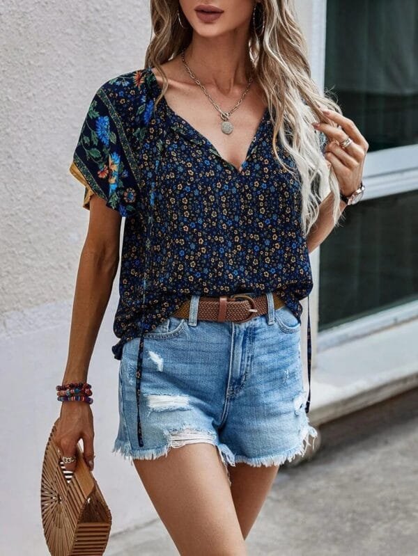 V-Neck Short Sleeve Loose Shirt | Summer National Style Print - Image 8