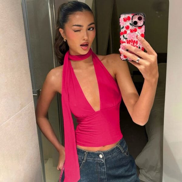 Women's Lace-Up Scarf Top | Low-Cut Back Cutout Sling Top | Stylish Summer Fashion - Image 4