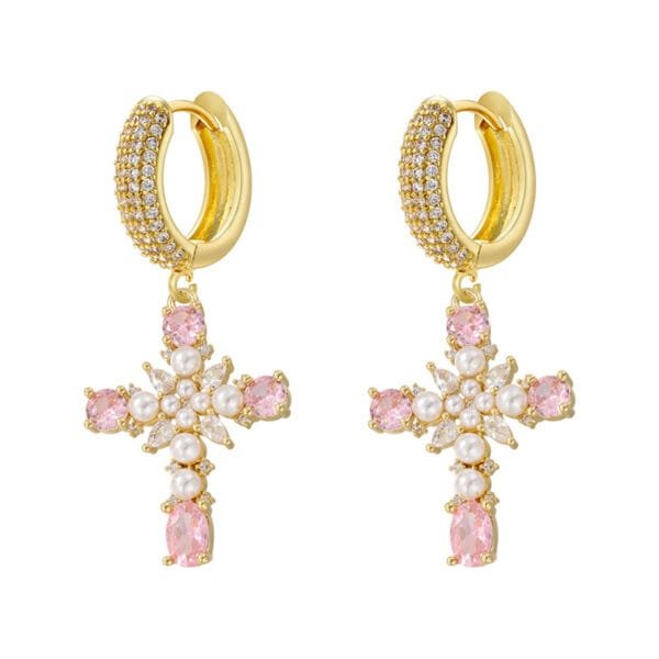 Lux 18K Gold-Plated Cross Earrings | European & American Style with Colorful Crystals - Image 2