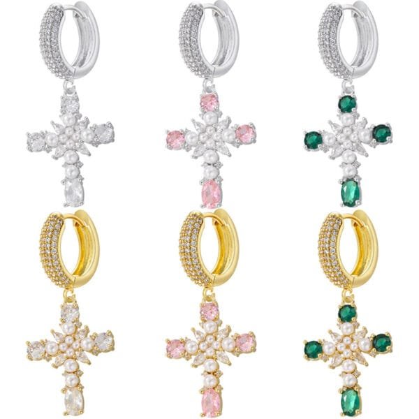 Lux 18K Gold-Plated Cross Earrings | European & American Style with Colorful Crystals