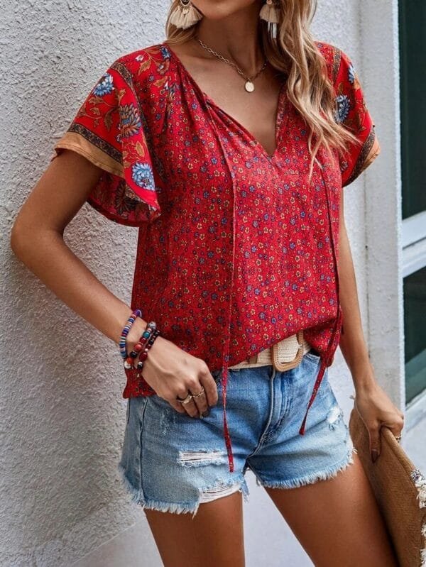 V-Neck Short Sleeve Loose Shirt | Summer National Style Print - Image 3