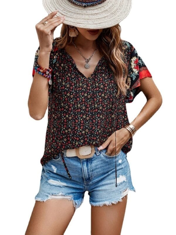 V-Neck Short Sleeve Loose Shirt | Summer National Style Print - Image 4