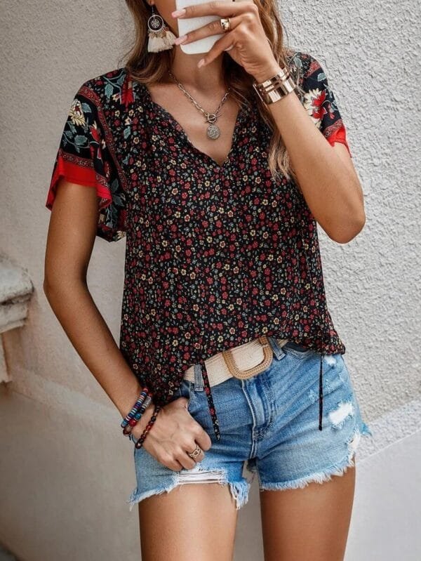 V-Neck Short Sleeve Loose Shirt | Summer National Style Print - Image 10