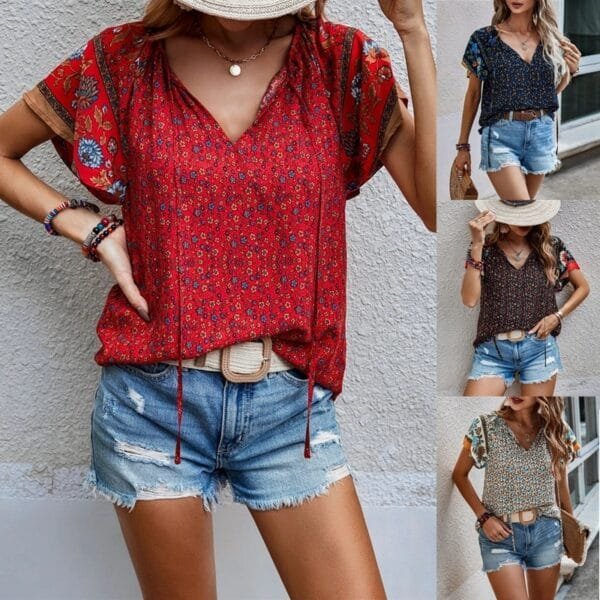 V-Neck Short Sleeve Loose Shirt | Summer National Style Print